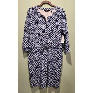 New Lands End Blue Print 3/4 Sleeve 1/4 Button Tie Waist Dress Sz M Pockets